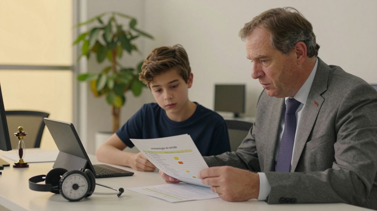 Homem de fato ao lado de um jovem, ambos examinando um documento em frente a um portátil numa sala com planta.