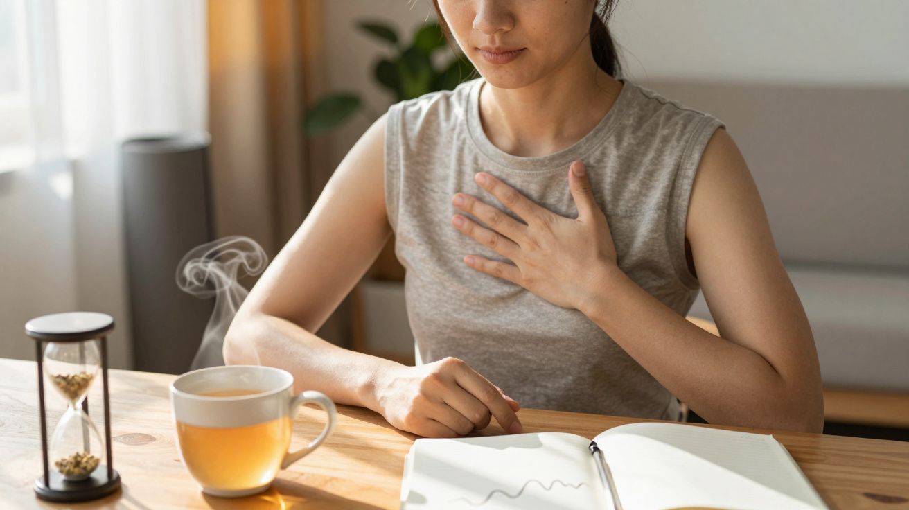 Mulher sentada à mesa com mão no peito, chá quente e caderno aberto ao lado de ampulheta.