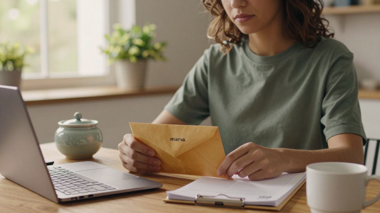 Mulher sentada à mesa com computador portátil, segura envelope e caderno.