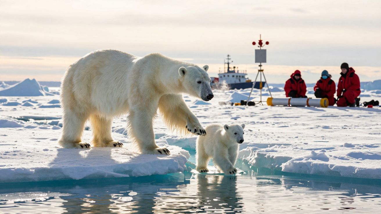 Urso polar adulto e cria a caminhar no gelo, com exploradores em trajes vermelhos ao fundo e um navio no horizonte.