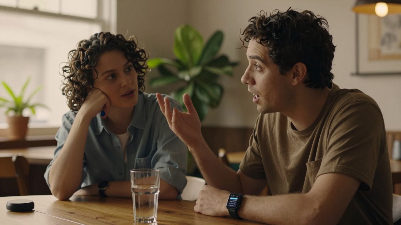Duas pessoas sentadas à mesa, conversando num ambiente acolhedor com planta ao fundo.