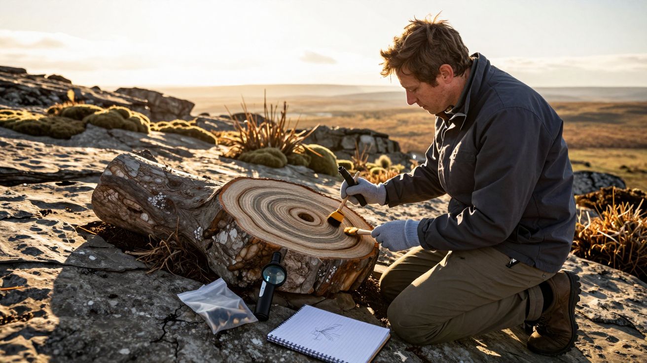 Homem analisa tronco com anéis de crescimento numa paisagem montanhosa, equipando-se com caderno e luvas.