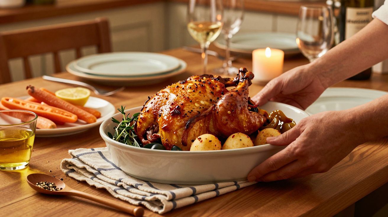 Pessoa serve frango assado com batatas numa mesa posta, vinho e vela acesa ao fundo.