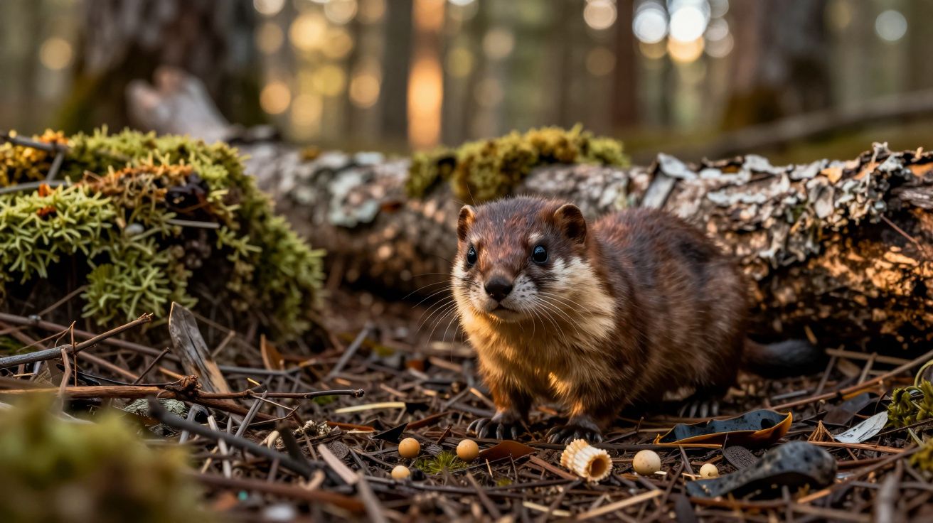Lontra num bosque, rodeada de musgo e folhas caídas, ao lado de um tronco coberto de líquenes.