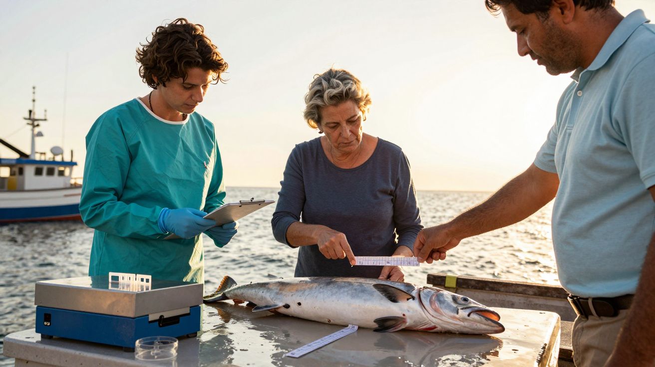Três pessoas medem um peixe sobre uma mesa junto ao mar, com um barco ao fundo.