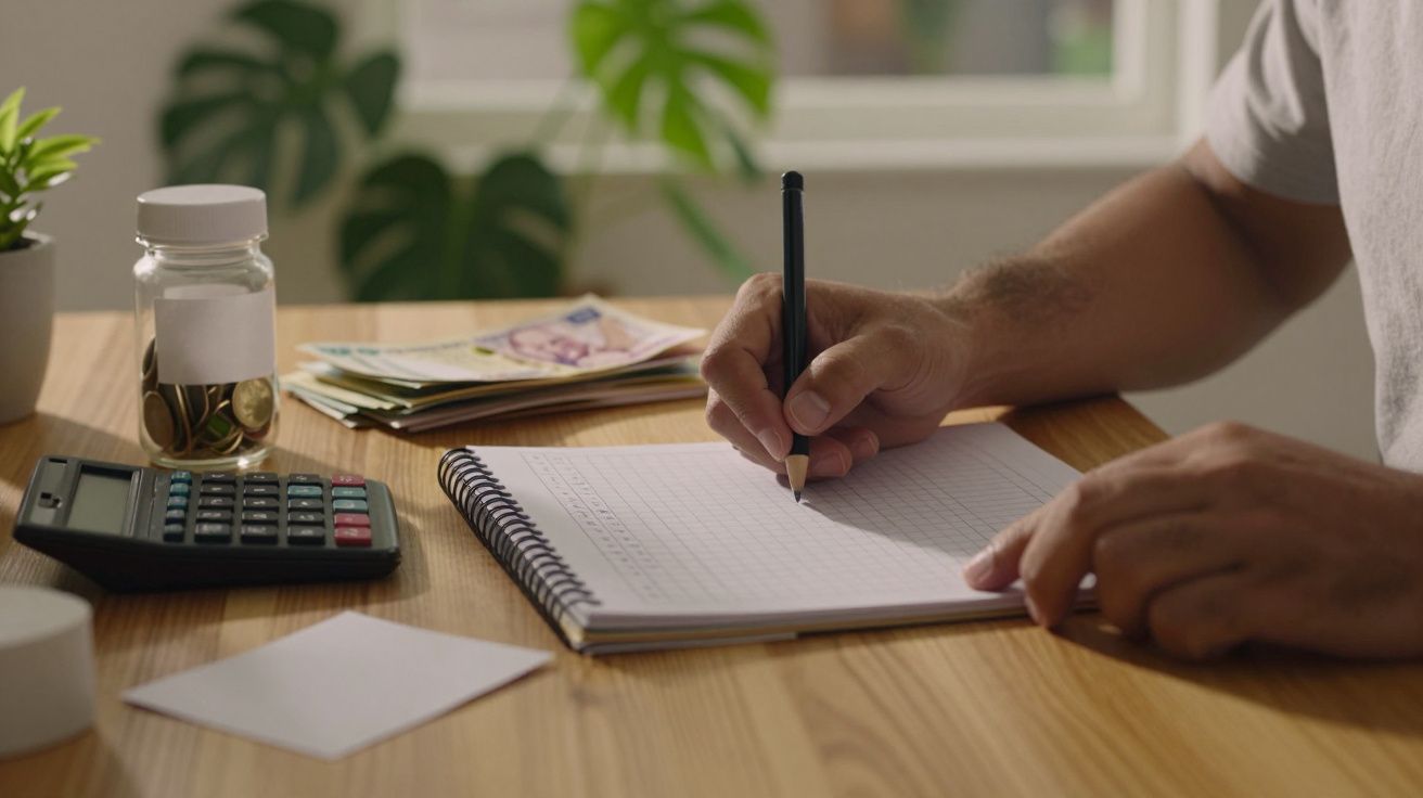 Pessoa a escrever num caderno, ao lado de calculadora, jarra com moedas e notas, sobre uma mesa de madeira.