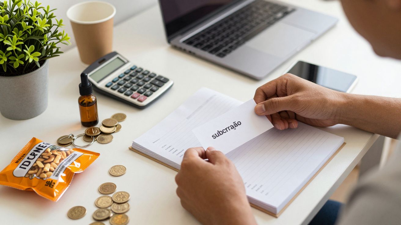 Pessoa sentada à secretária com computador portátil, calculadora, moedas e cartão com a palavra "subtração".