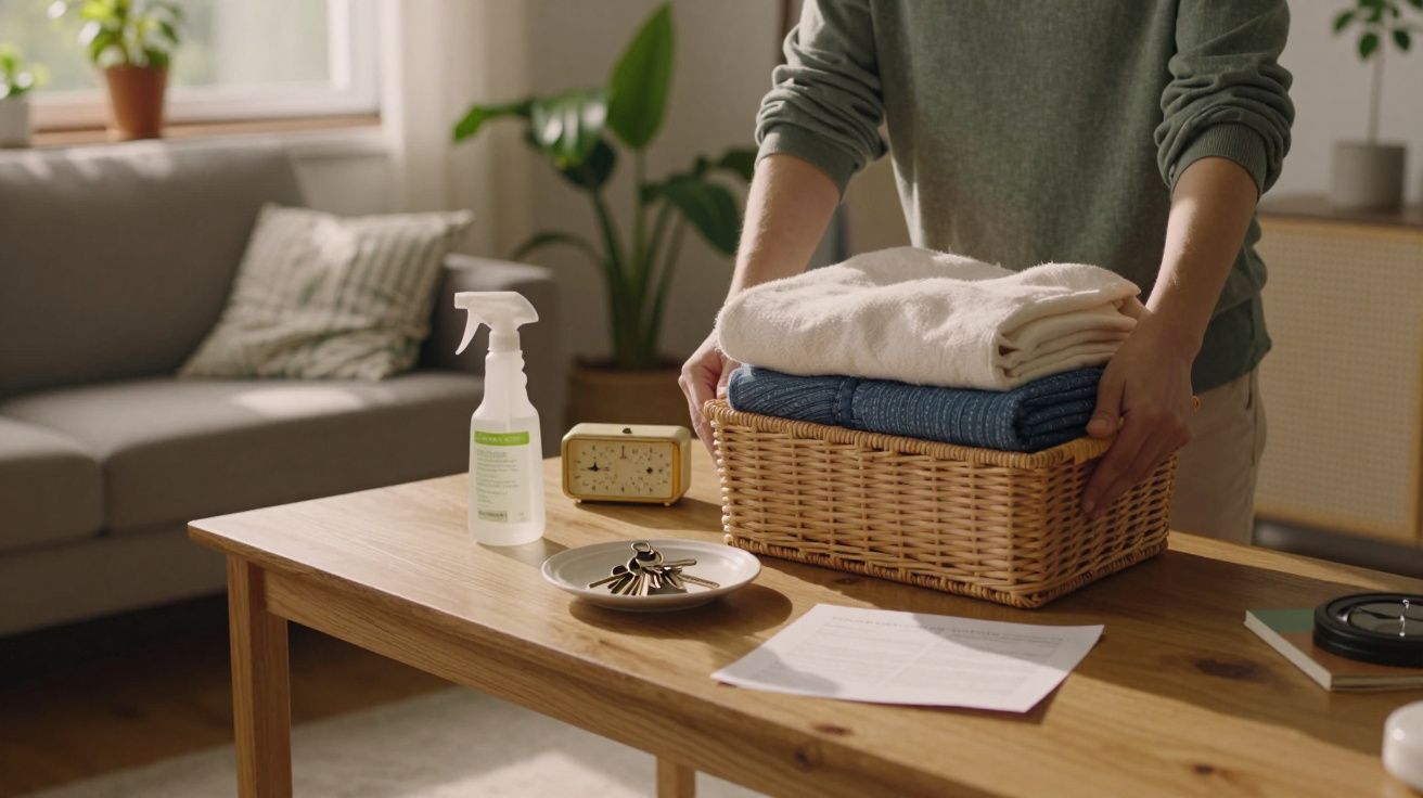 Pessoa colocando uma cesta de roupa dobrada numa mesa de madeira com spray, relógio, e prato com chaves.