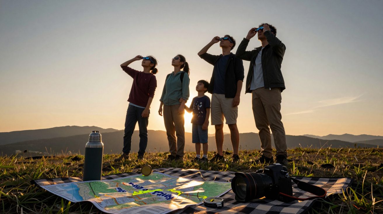 Família em campo aberto observando o céu com binóculos ao pôr do sol, mapa e câmera numa manta à frente.