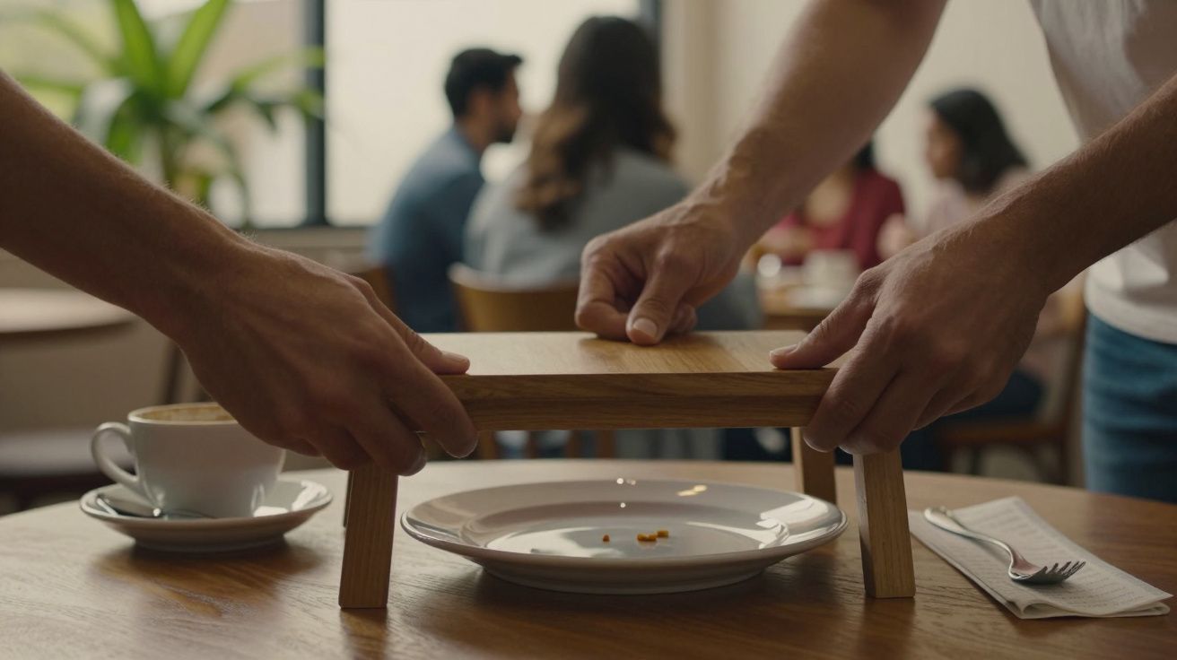 Duas mãos a posicionar uma pequena mesa de madeira sobre um prato vazio numa cafetaria.