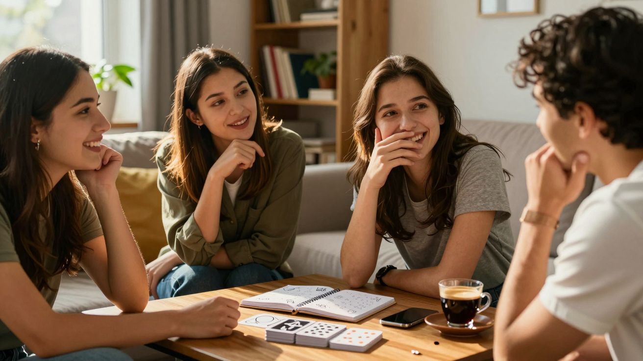 Quatro pessoas conversam animadamente numa sala com café, livros e cartas na mesa.