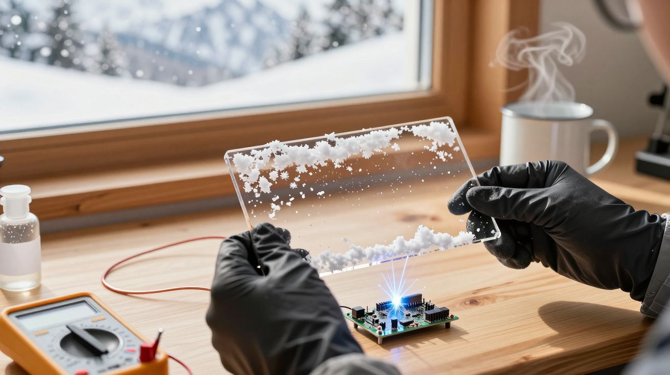 Cientista segura placa transparente coberta de neve, realizando teste elétrico num laboratório com neve lá fora.