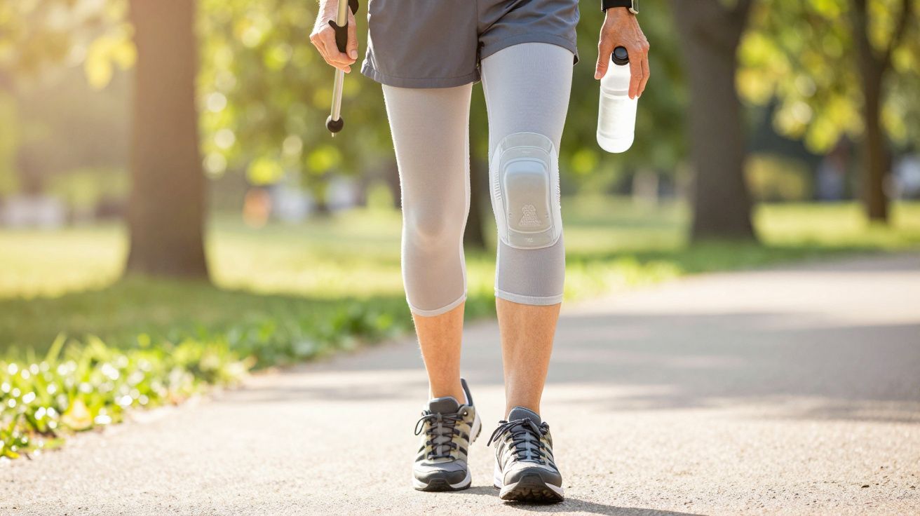 Pessoa a caminhar num parque, usando bengala e joelheira, segurando uma garrafa de água.