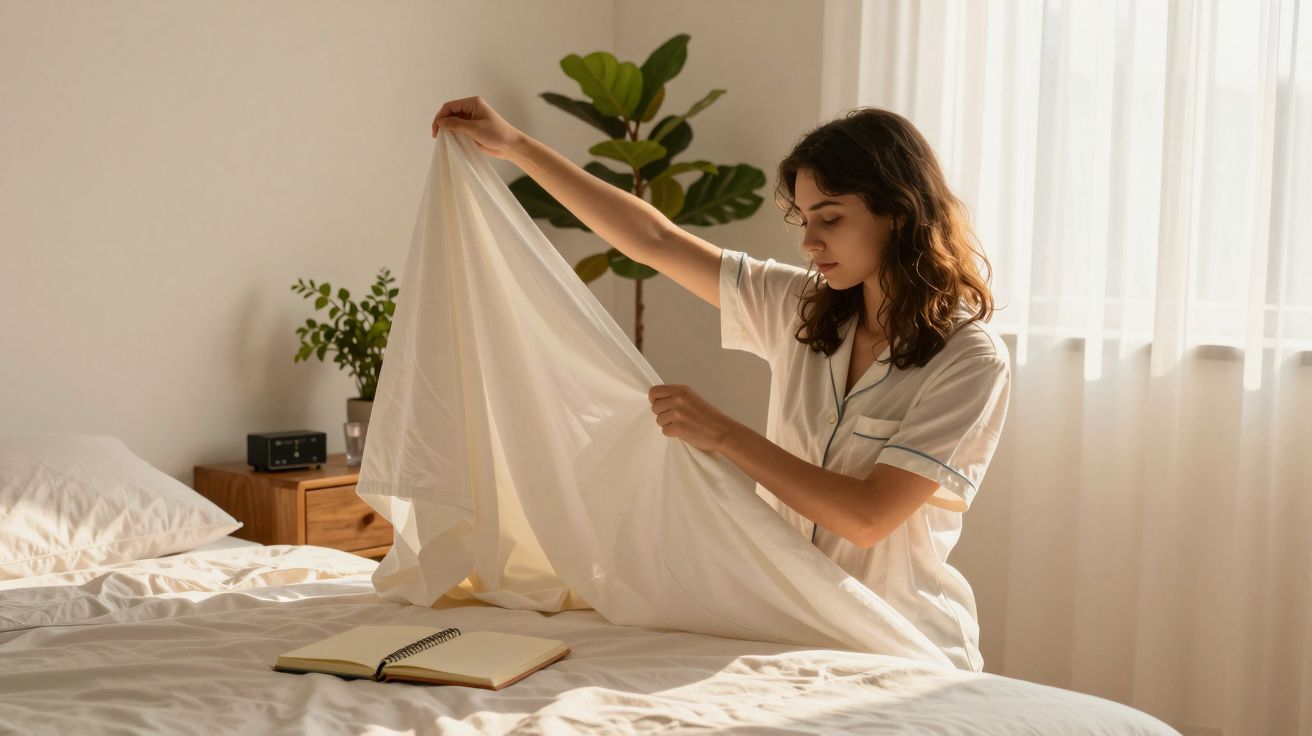 Mulher em pijama a fazer a cama num quarto iluminado. Mesa-de-cabeceira com livro aberto e plantas ao fundo.