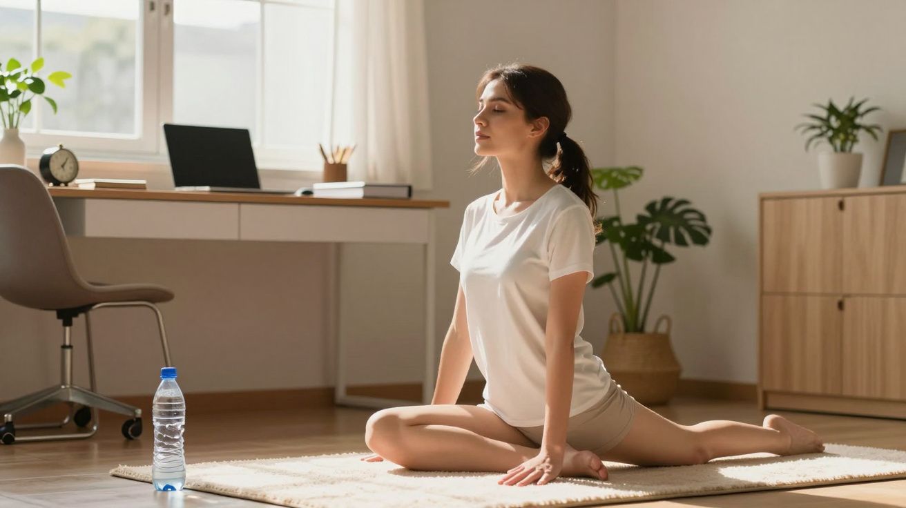 Mulher a praticar yoga numa sala iluminada, sentada numa posição de alongamento num tapete, com uma garrafa de água ao lado.