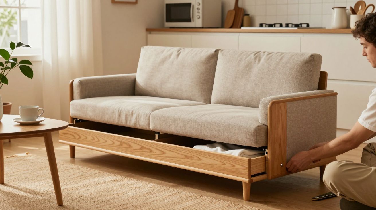 Sala moderna com sofá bege, mesa de centro e planta. Pessoa a abrir gaveta no sofá. Cozinha ao fundo.