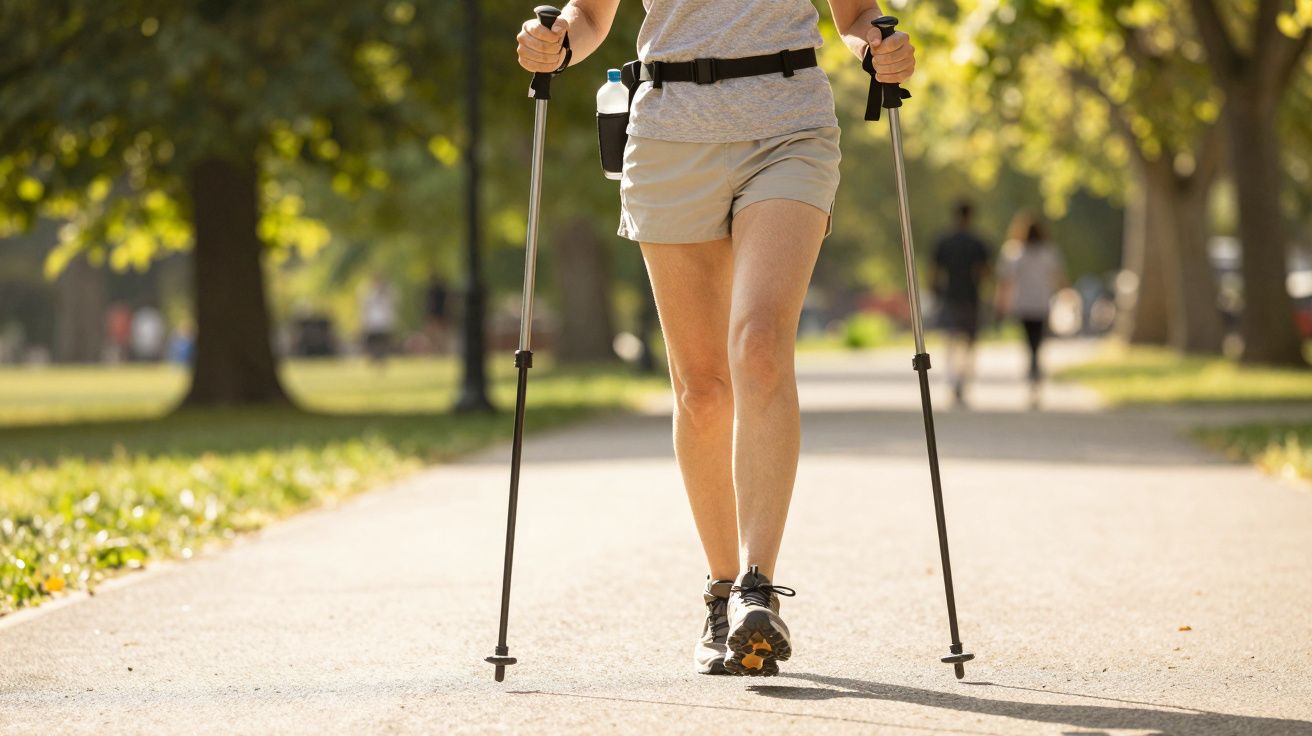 Pessoa a caminhar num parque com bastões de caminhada, vestida com calções e t-shirt. Árvores verdes ao fundo.