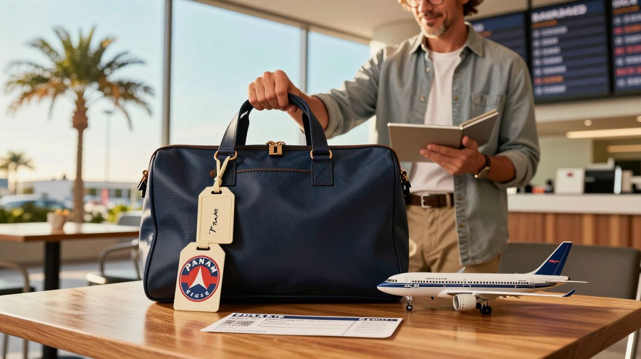 Mala azul em mesa de aeroporto com miniatura de avião, bilhete de embarque e palmeiras ao fundo.