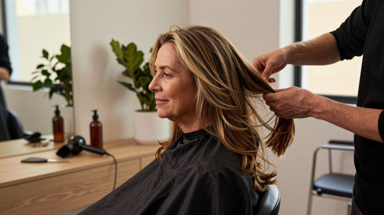 Mulher com cabelo comprido no cabeleireiro, rodeada por plantas e produtos de beleza.