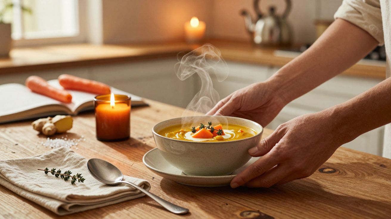 Pessoa servindo sopa fumegante em cozinha acolhedora, com cenouras e vela ao fundo.
