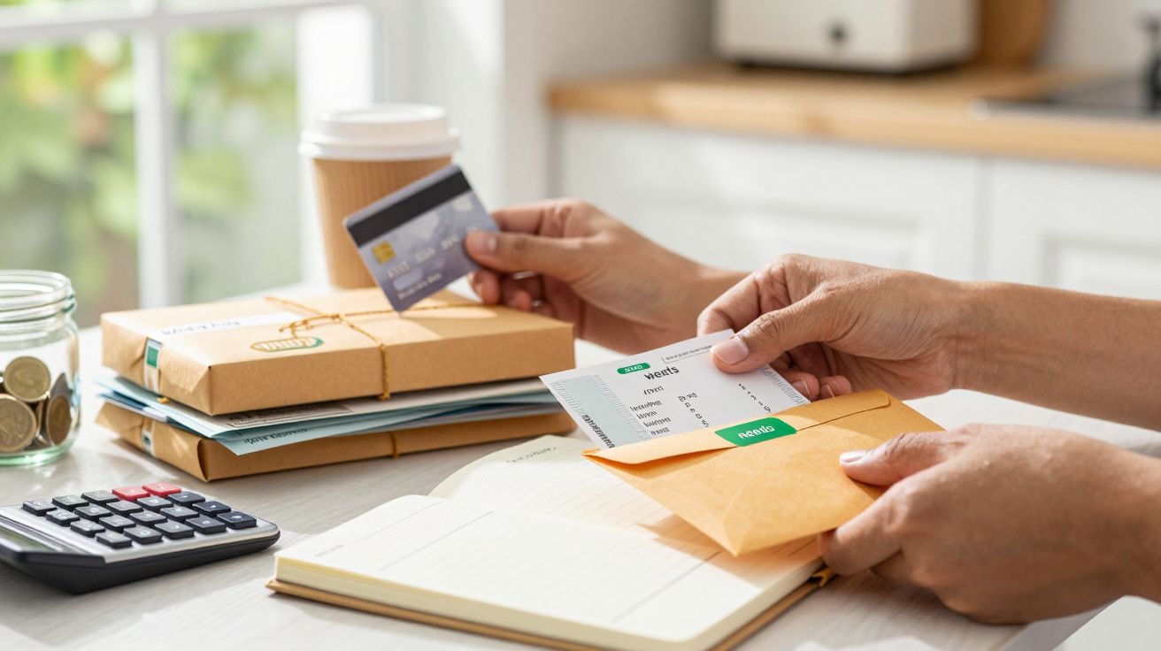 Pessoa a segurar cartão de crédito e recibo, com envelope, caderno, calculadora e moedas na mesa.