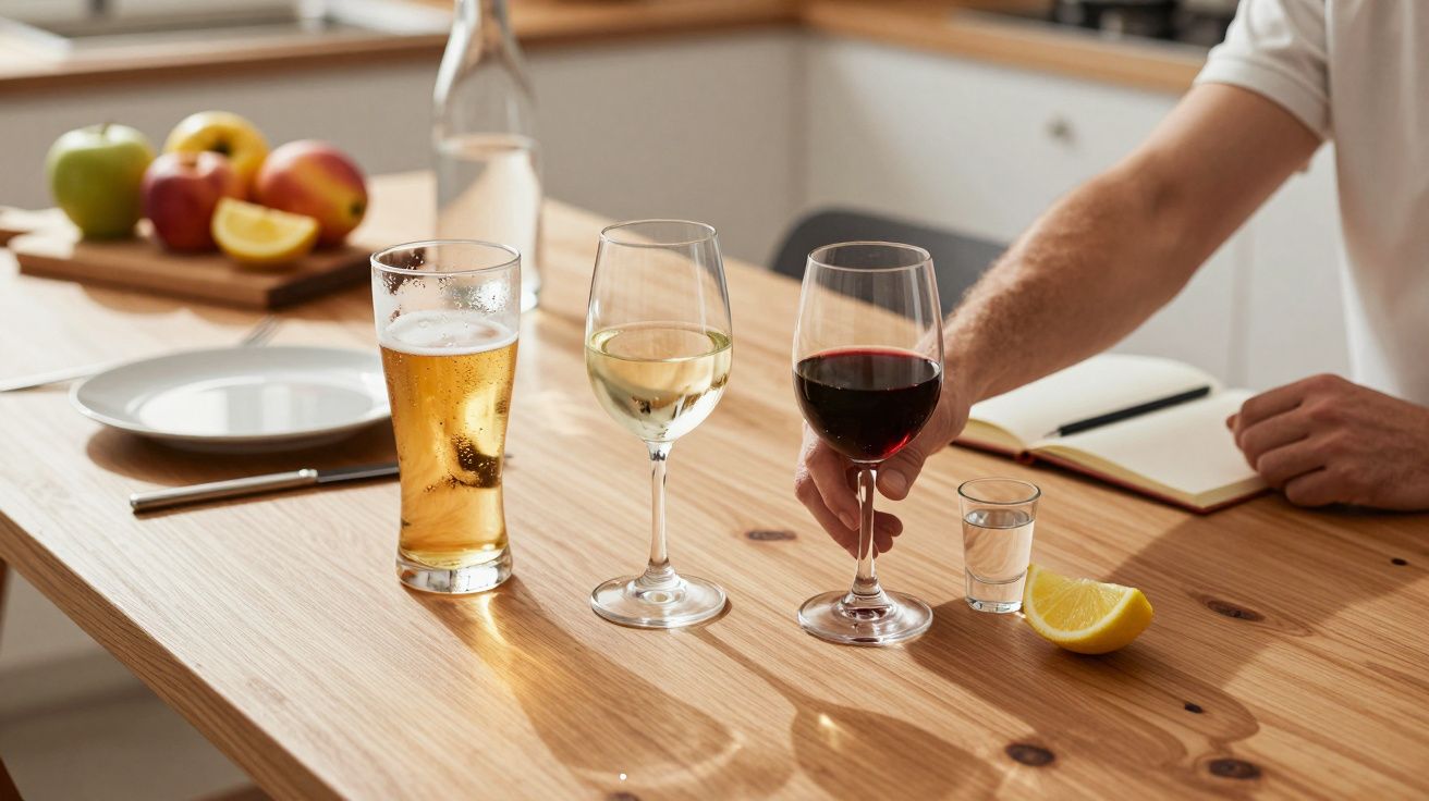 Copos de várias bebidas sobre a mesa: cerveja, vinho branco e tinto, shot, com maçãs e caderno ao fundo.
