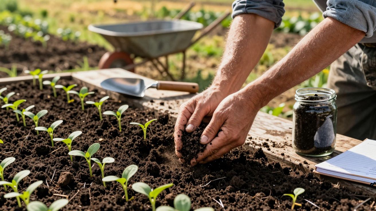 Mãos de agricultor cuidando de mudas em horta, com pá, carrinho de mão e frasco ao fundo.