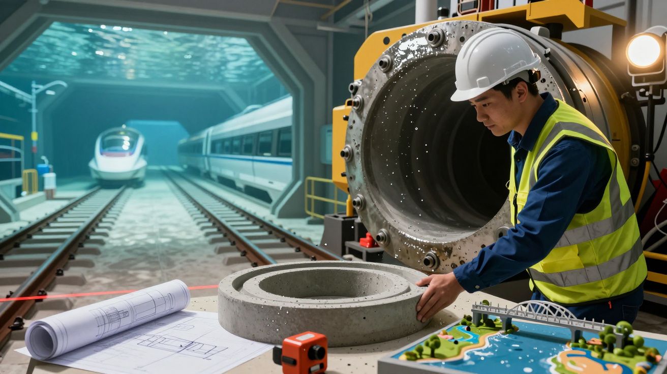 Engenheiro com colete refletor e capacete analisa peça de betão em túnel subaquático com comboio de alta velocidade.