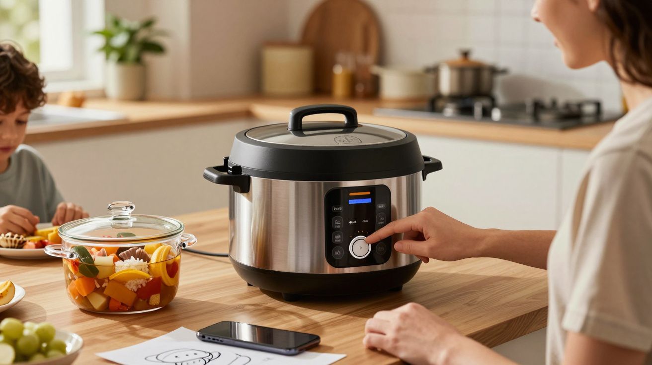 Mulher ajusta panelas elétricas na cozinha; há uma criança e comida na mesa.