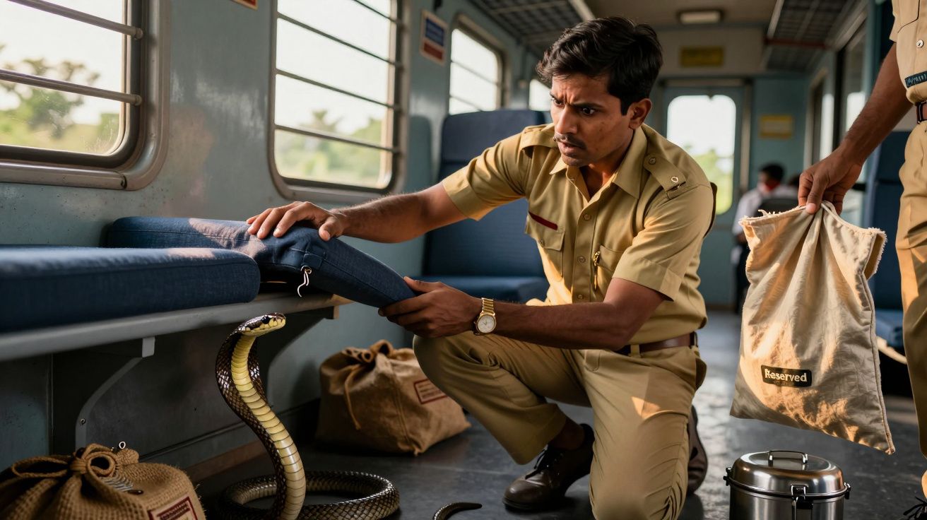 Polícia em uniforme descobre cobra dentro de carruagem de comboio, enquanto outro segura saco grande ao lado.