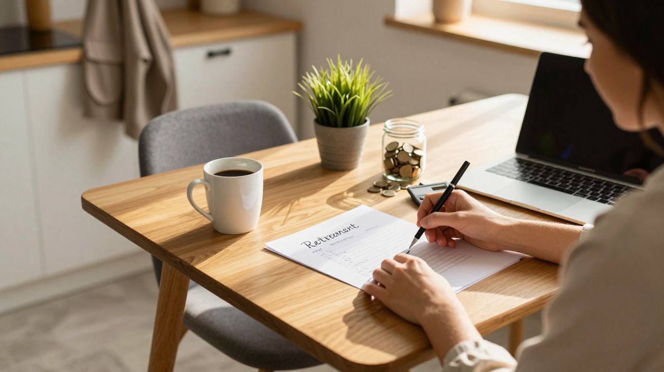 Mulher a escrever numa mesa de madeira com portátil, chávena e planta decorativa.