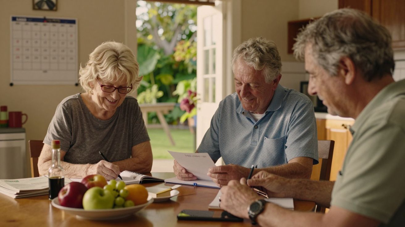 Três idosos sentados à mesa, sorrindo, trabalham em documentos. Frutas e material de escritório estão sobre a mesa.