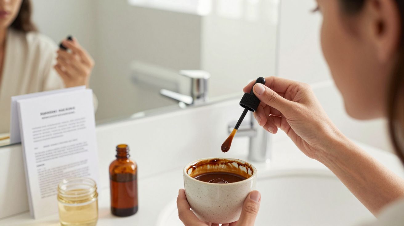 Mulher aplica sérum facial em frente ao espelho com conta-gotas e tigela na mão, junto a frascos no lavatório.