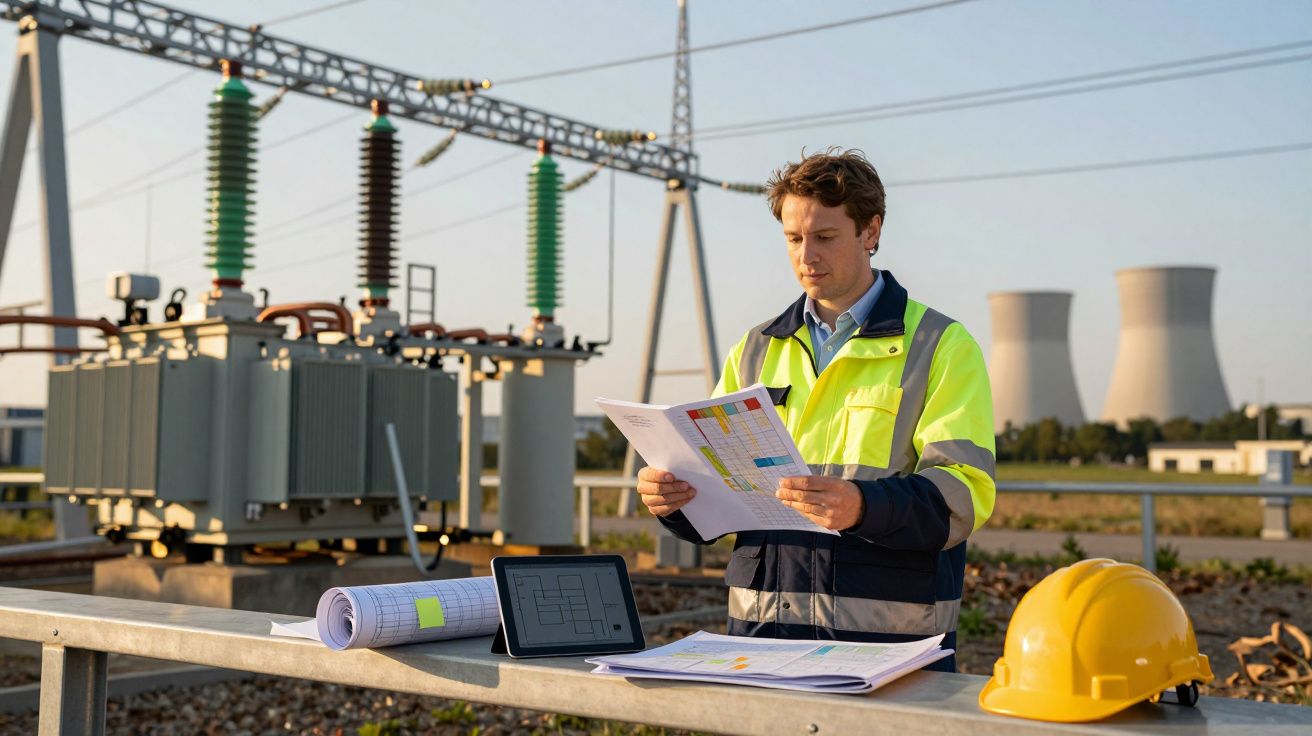 Engenheiro de colete refletor analisa plantas num local industrial com transformadores e torres ao fundo.