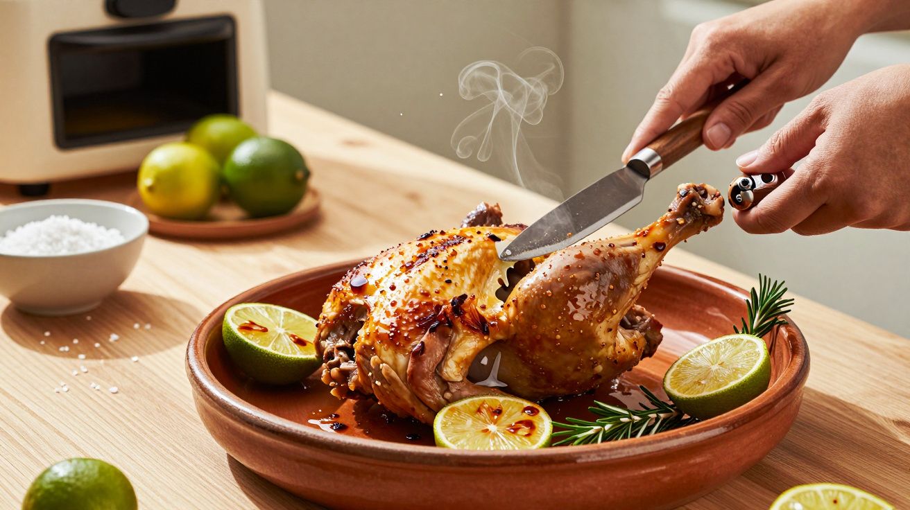 Pessoa corta frango assado com faca numa travessa de barro, rodeado por limas e alecrim. Fundo com limões e sal.