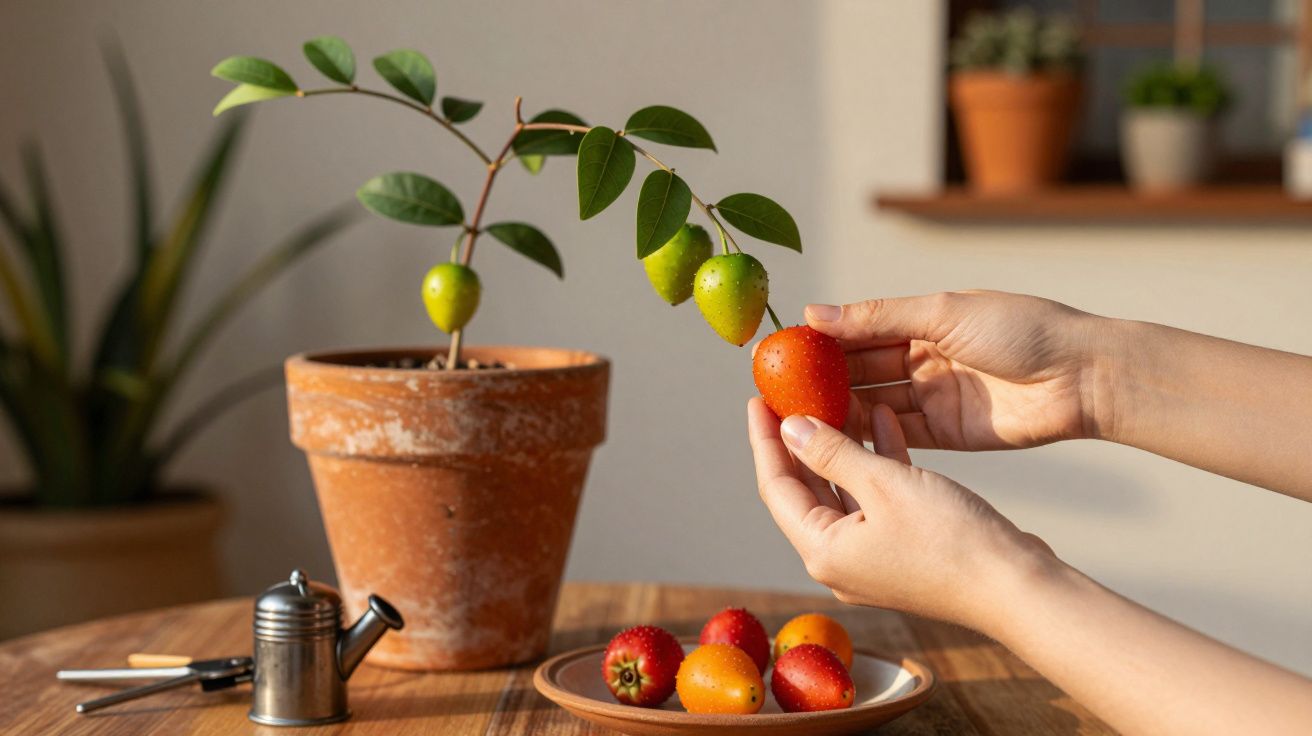Mãos colhem fruto em arbusto em vaso; mesa com prato de frutas e regador.
