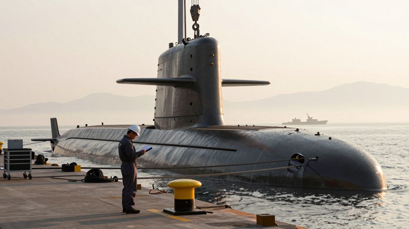 Submarino atracado com trabalhador a verificar informações no cais ao amanhecer, com montanhas ao fundo.