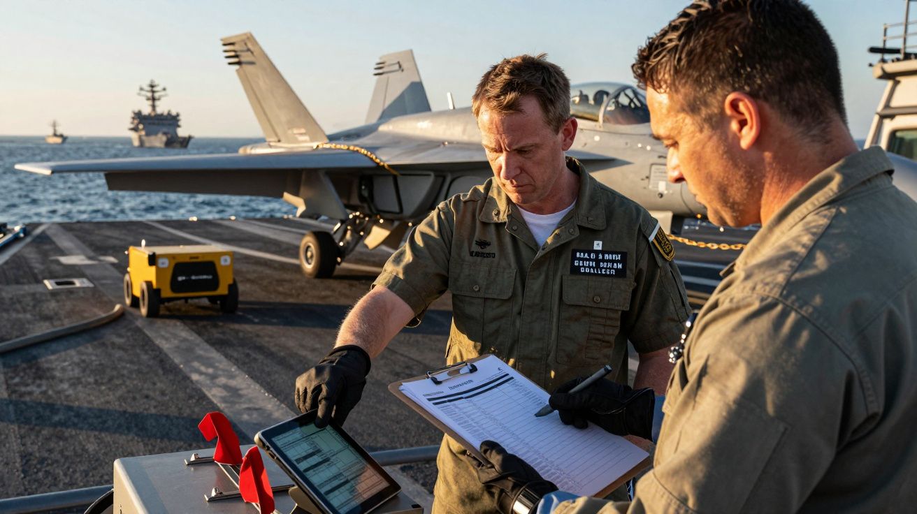 Dois militares preenchem documentos num porta-aviões, com um avião de combate ao fundo, ao pôr do sol.