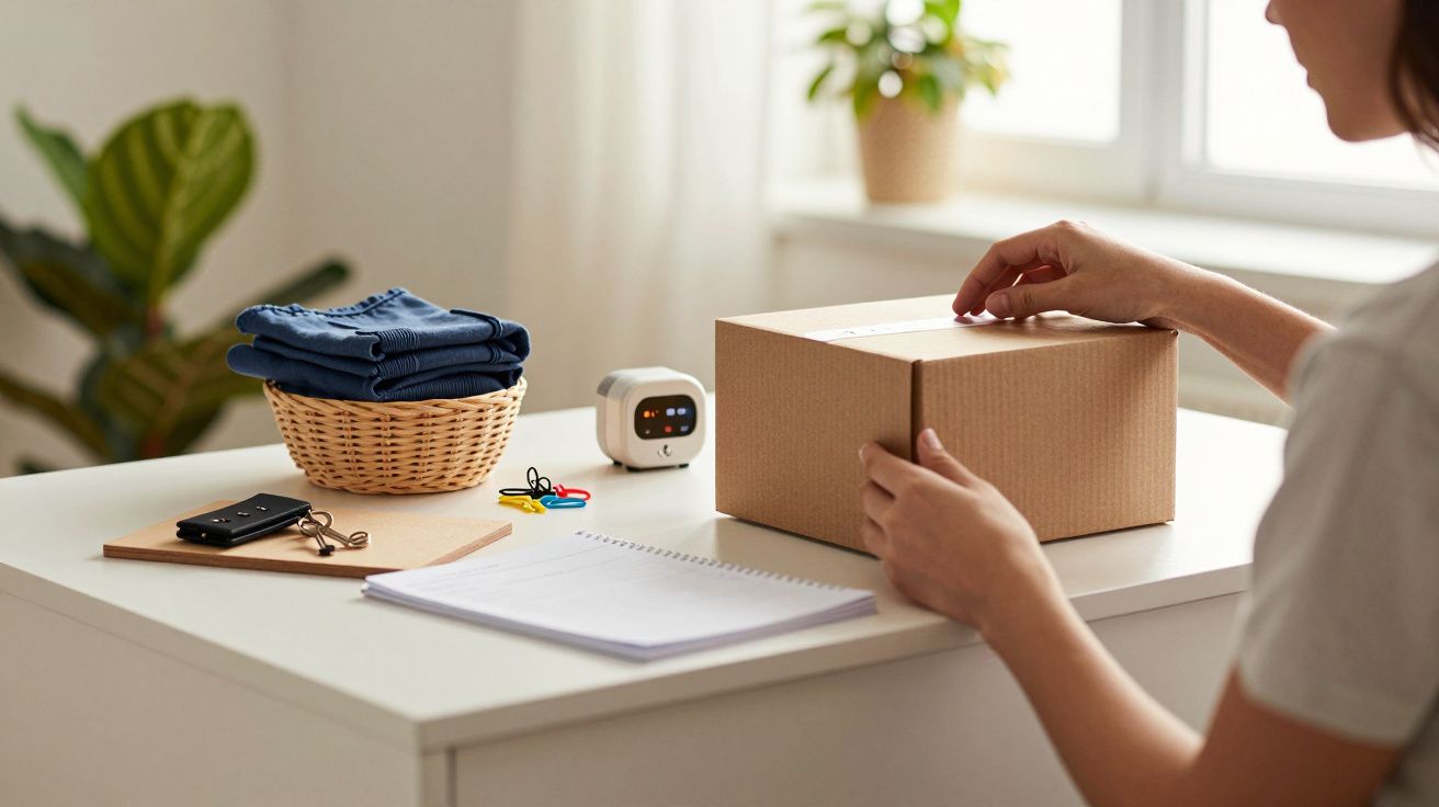 Pessoa embala uma caixa em mesa com cesto de roupa, bloco de notas e chave sobre a mesa.