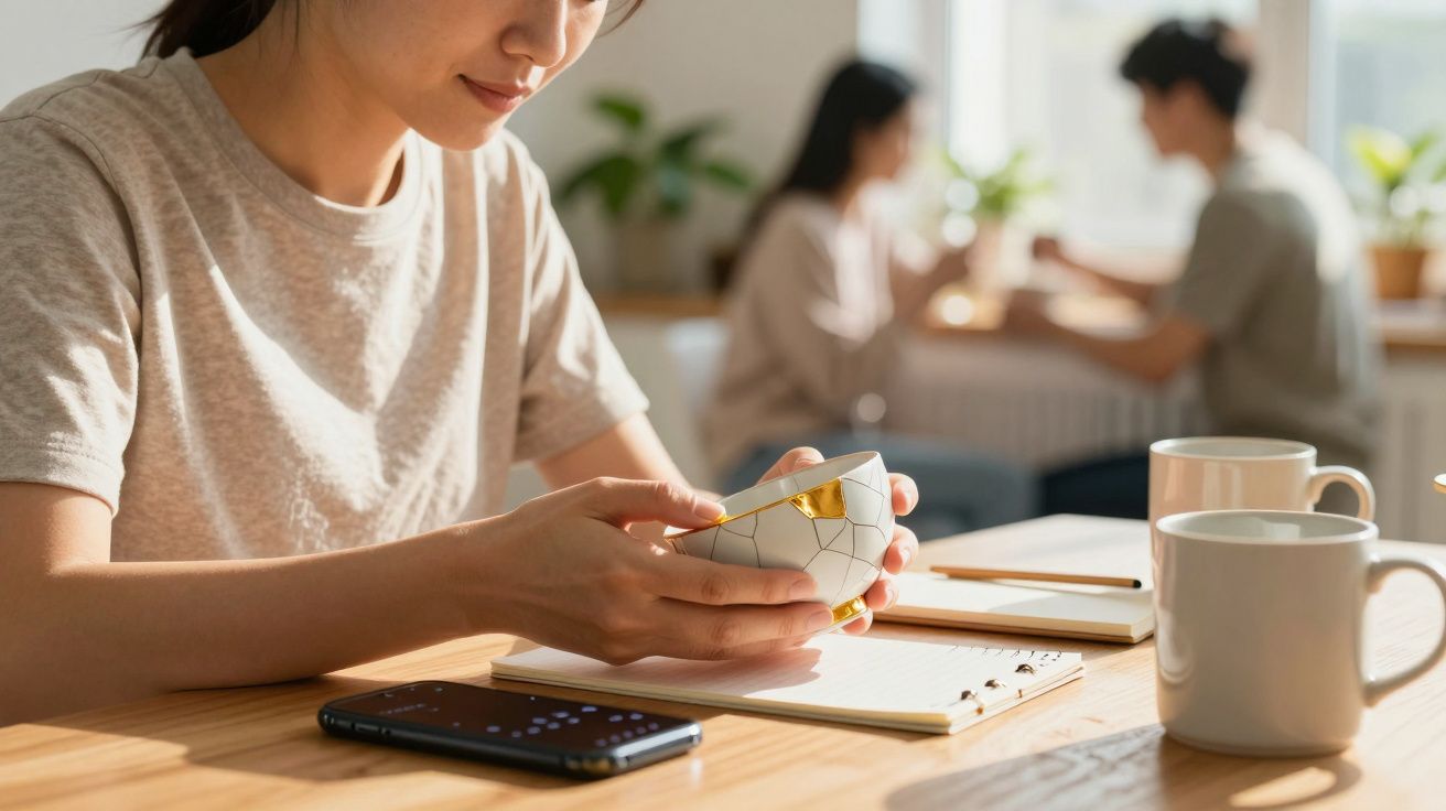 Mulher segurando telemóvel geométrico sobre mesa de madeira, com caderno e chávenas, ao fundo duas pessoas a conversar.