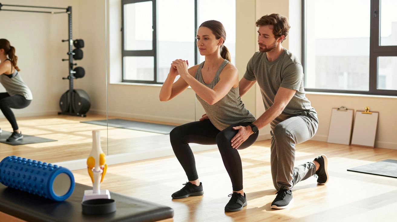 Mulher a fazer agachamentos assistida por um treinador numa sala de ginástica com janelas grandes.