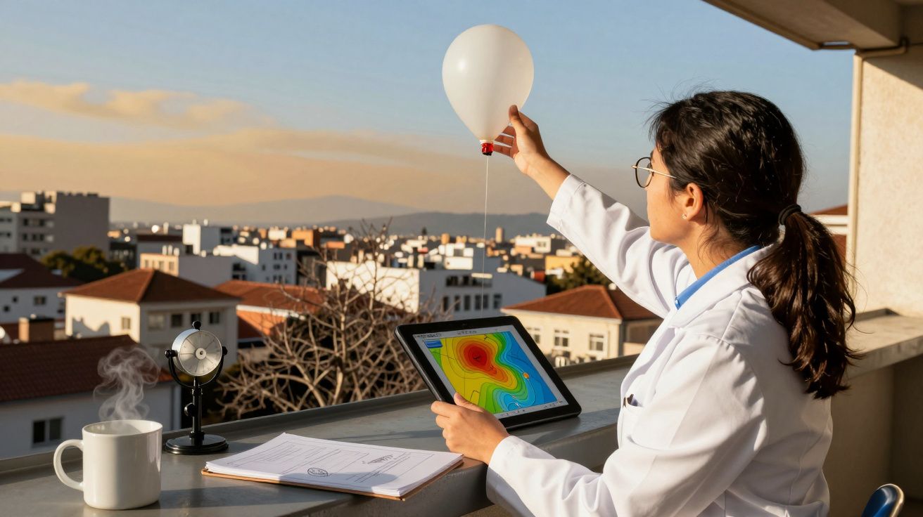Mulher em varanda com balão meteorológico e tablet, cidade ao fundo.