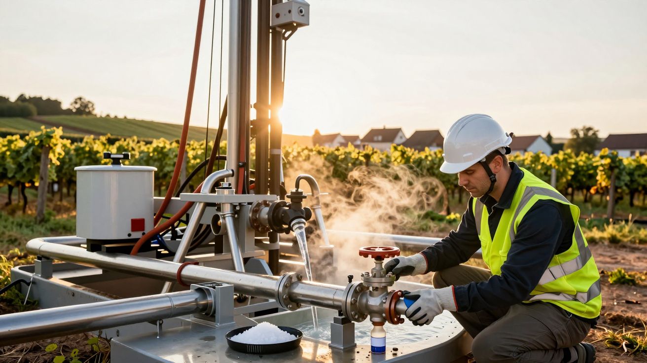 Trabalhador ajusta válvula em equipamento industrial num vinhedo ao pôr do sol, usando capacete e colete de segurança.