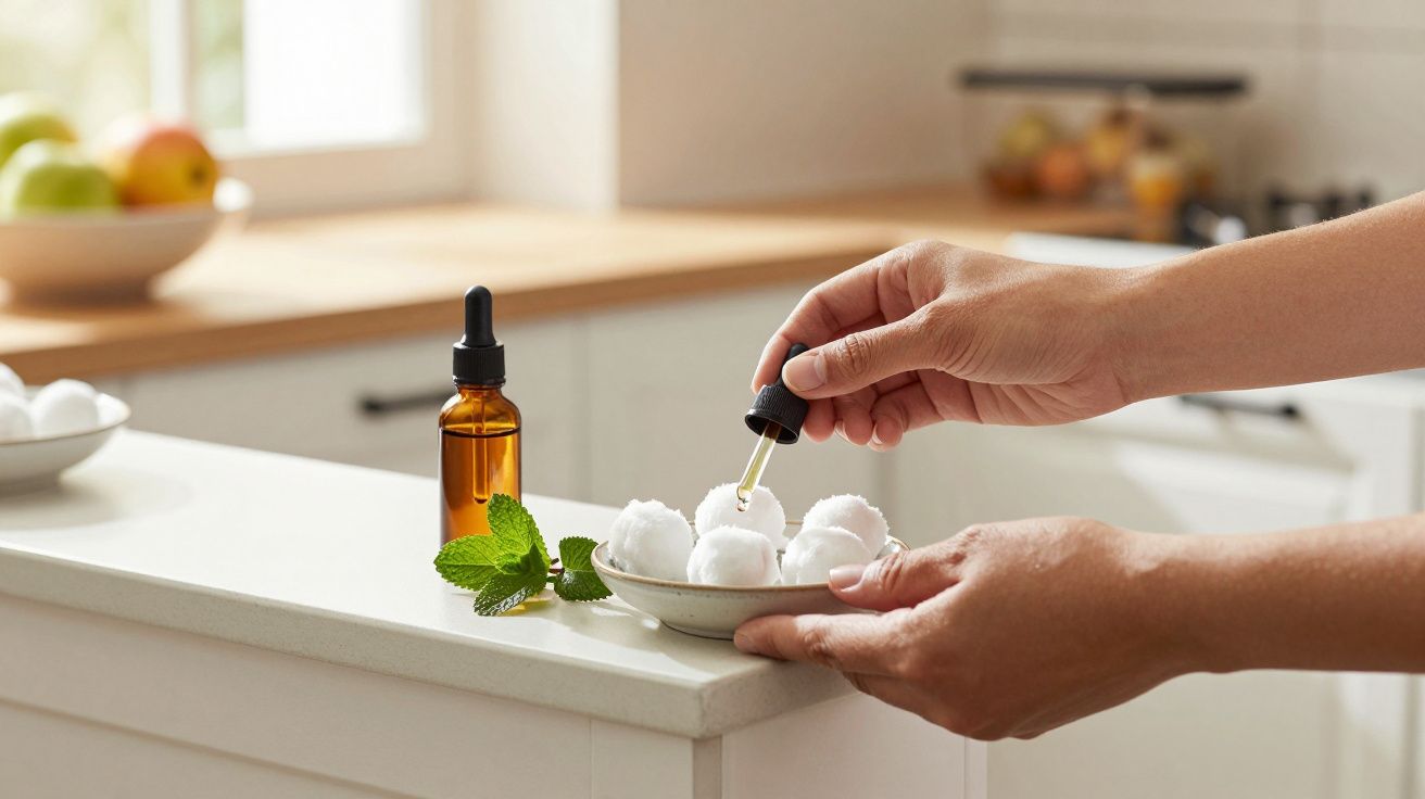 Mãos adicionam óleo essencial em bolas de algodão num prato branco; frasco âmbar e hortelã no balcão de cozinha.