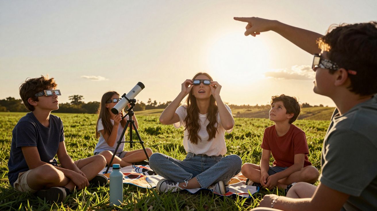 Cinco jovens veem eclipse solar num campo, usando óculos especiais e telescópio sob céu limpo ao pôr do sol.