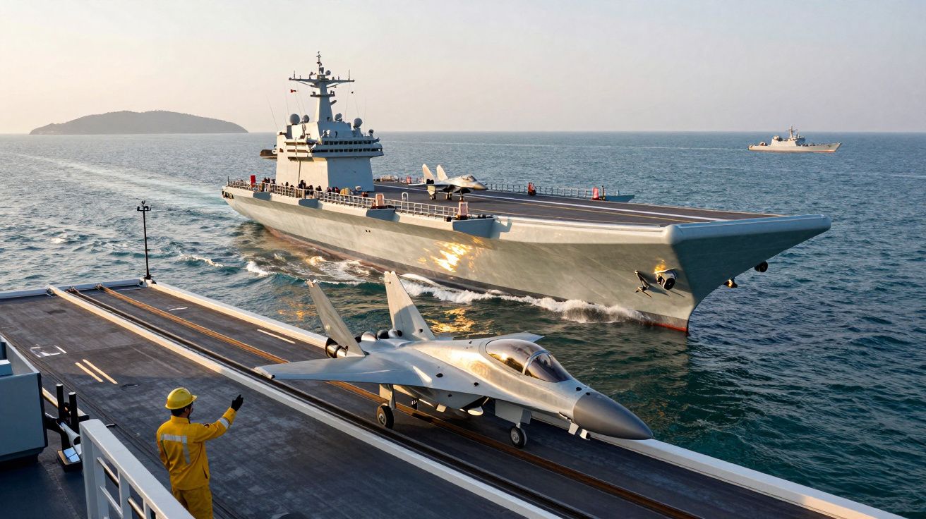 Avião na pista de um porta-aviões no mar, com outro navio à distância e uma ilha no horizonte.