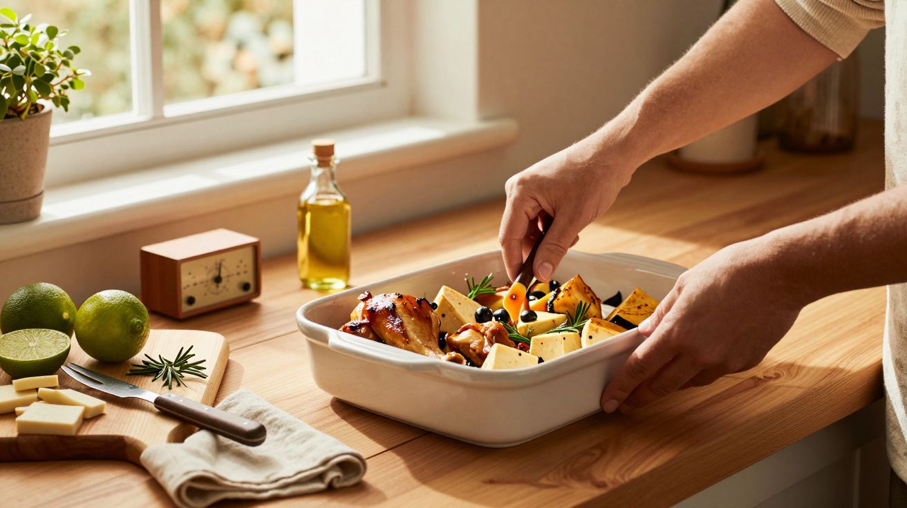 Mãos preparando um tabuleiro com frango e vegetais ao lado de uma janela em uma cozinha iluminada.