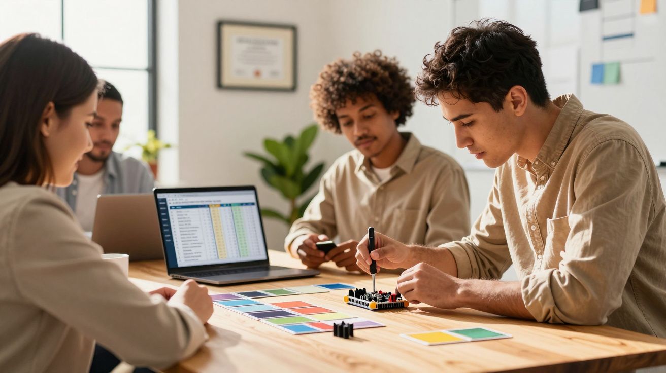 Quatro pessoas numa reunião de trabalho em torno de uma mesa, com laptop e amostras de cores, discutindo ideias.