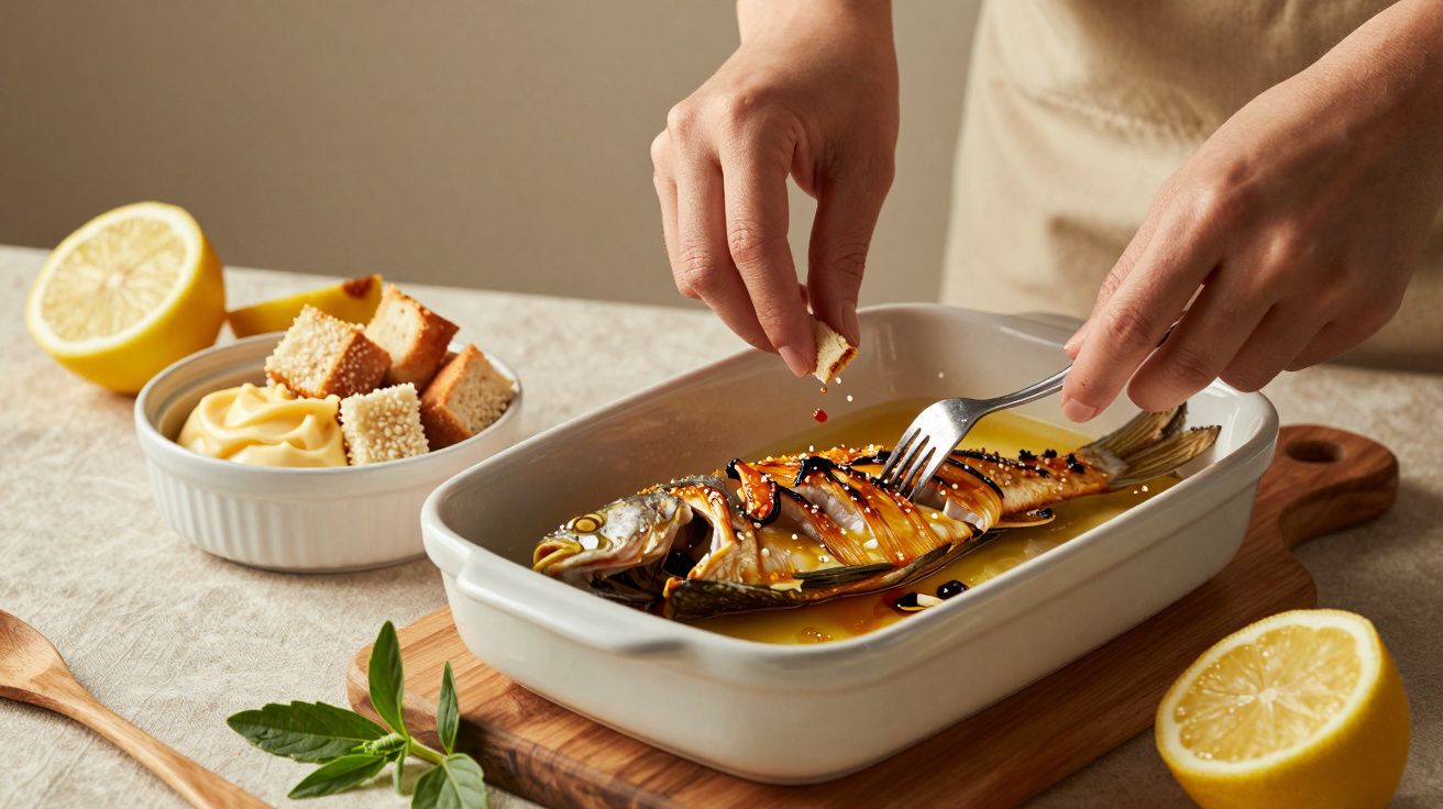Pessoa tempera peixe inteiro numa travessa, com rodelas de limão e tigela com pão ao lado, sobre mesa com pano bege.
