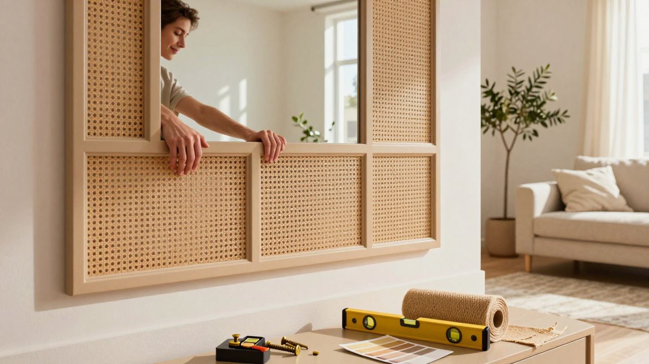 Homem instalando painel decorativo na parede numa sala de estar iluminada, com ferramentas sobre uma mesa.
